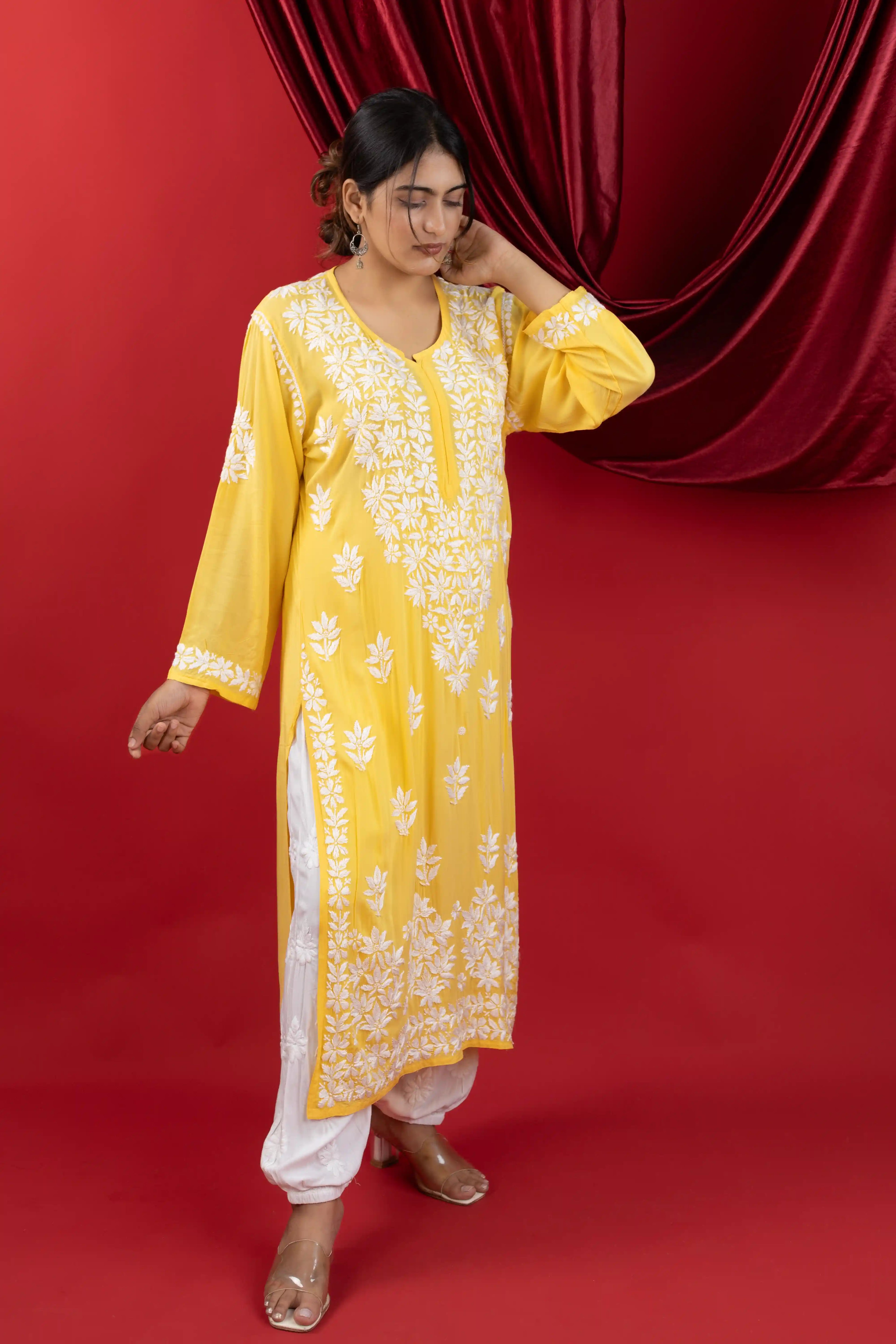 Sunshine Yellow Handcrafted Chikankari Modal Kurta