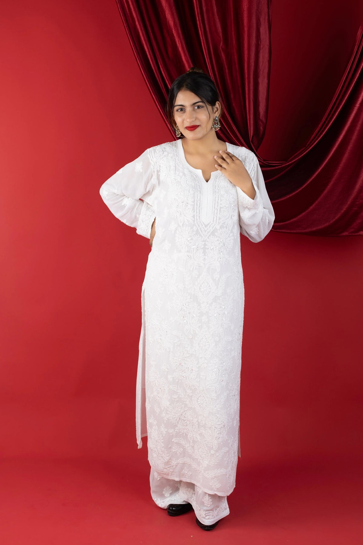 White Luxe Viscose Chikankari Kurta Set with Hand Zardozi & Pearl Embellishments