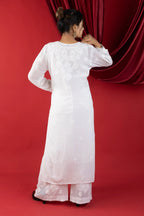 White Luxe Viscose Chikankari Kurta Set with Hand Zardozi & Pearl Embellishments