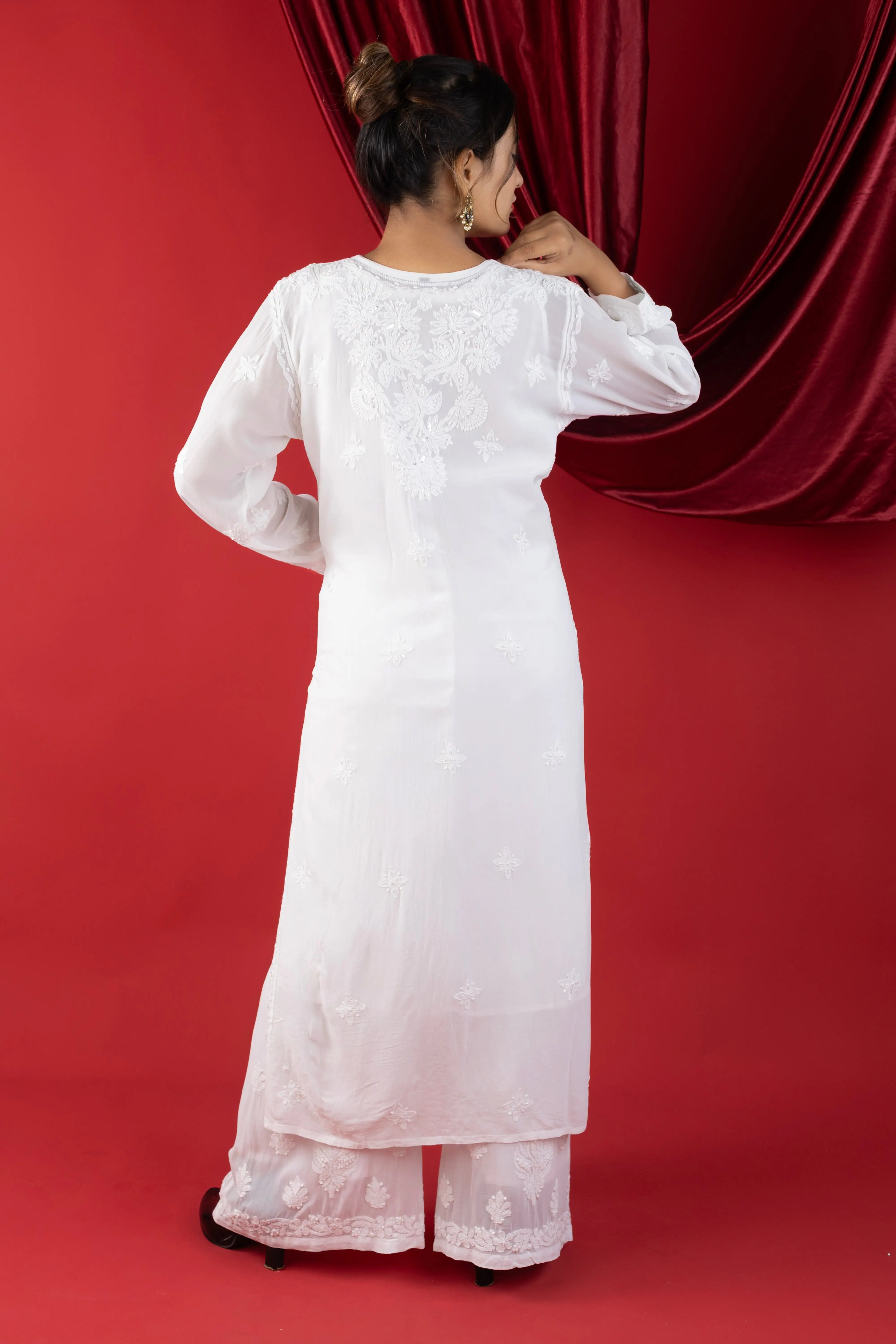 White Luxe Viscose Chikankari Kurta Set with Hand Zardozi & Pearl Embellishments