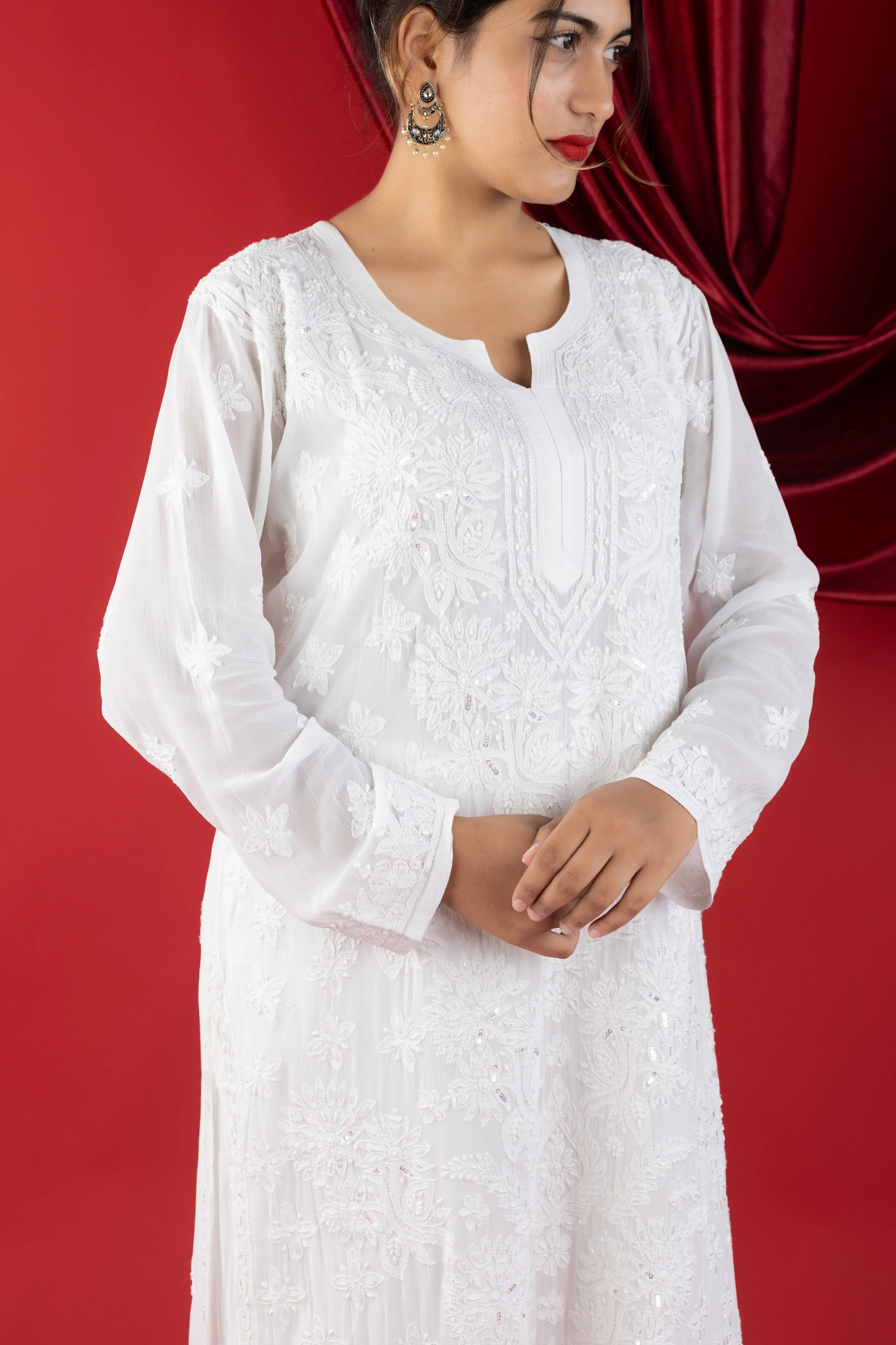White Luxe Viscose Chikankari Kurta Set with Hand Zardozi & Pearl Embellishments