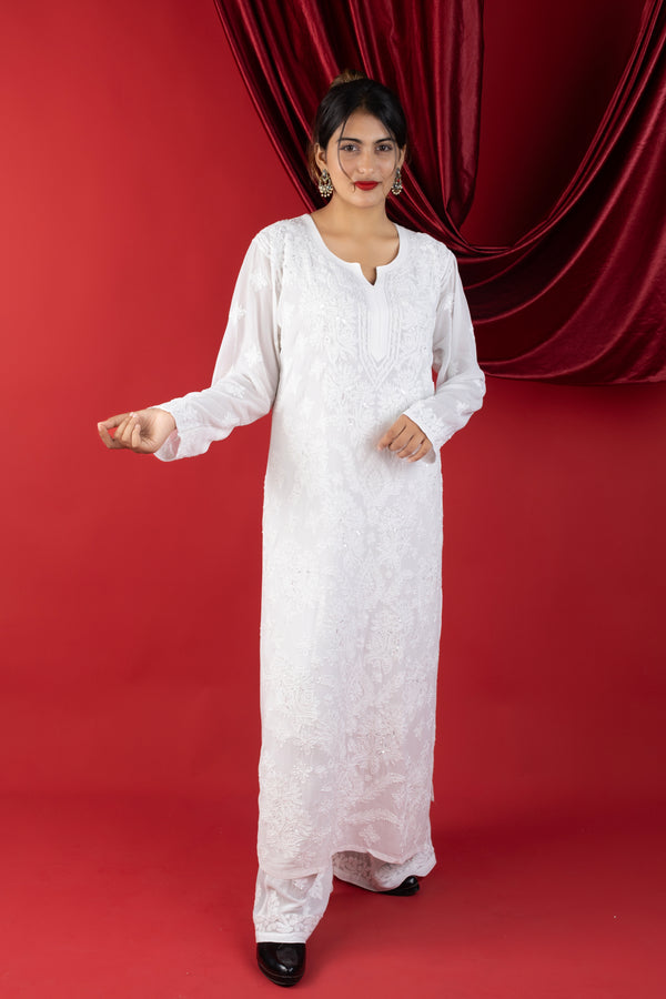 White Luxe Viscose Chikankari Kurta Set with Hand Zardozi & Pearl Embellishments