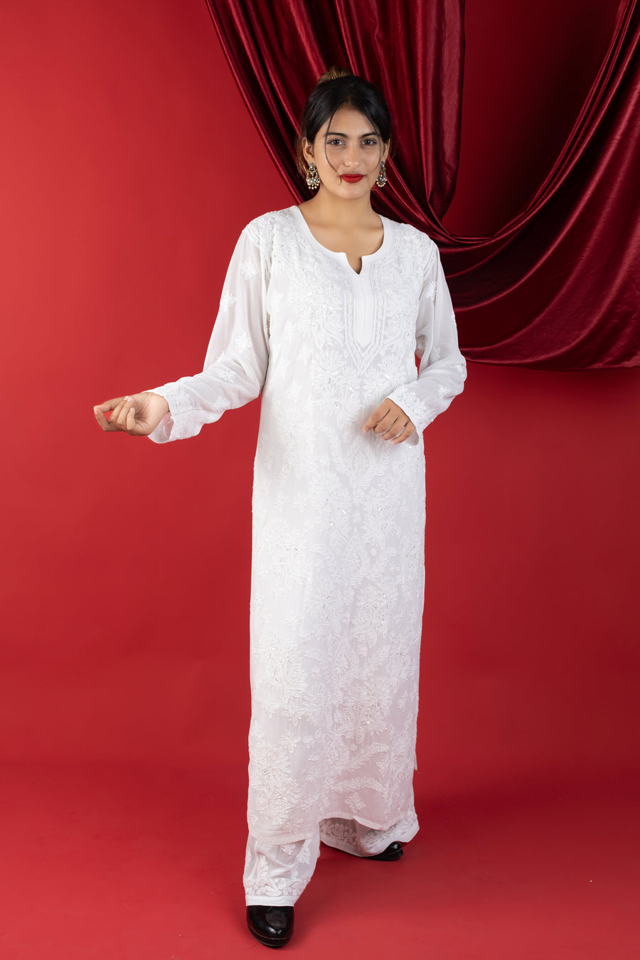 White Luxe Viscose Chikankari Kurta Set with Hand Zardozi & Pearl Embellishments