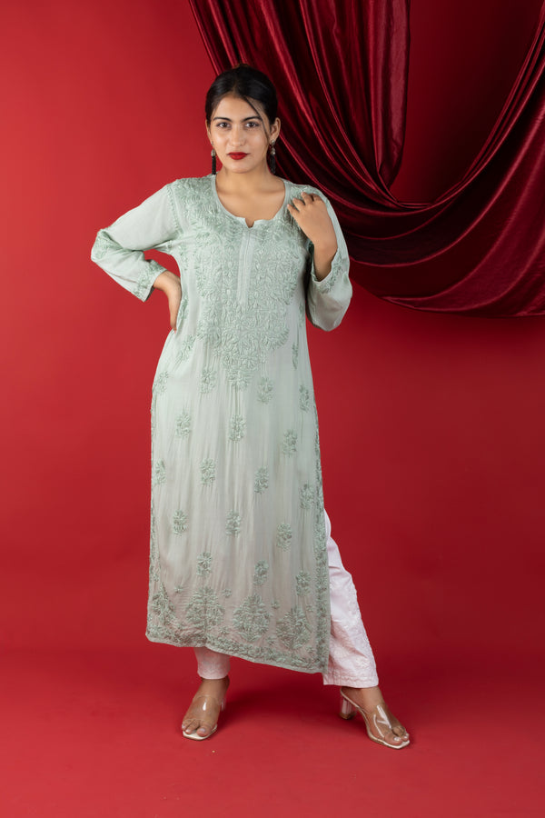 Mint Green Modal Kurta with Self Handwork Chikankari Embroidery