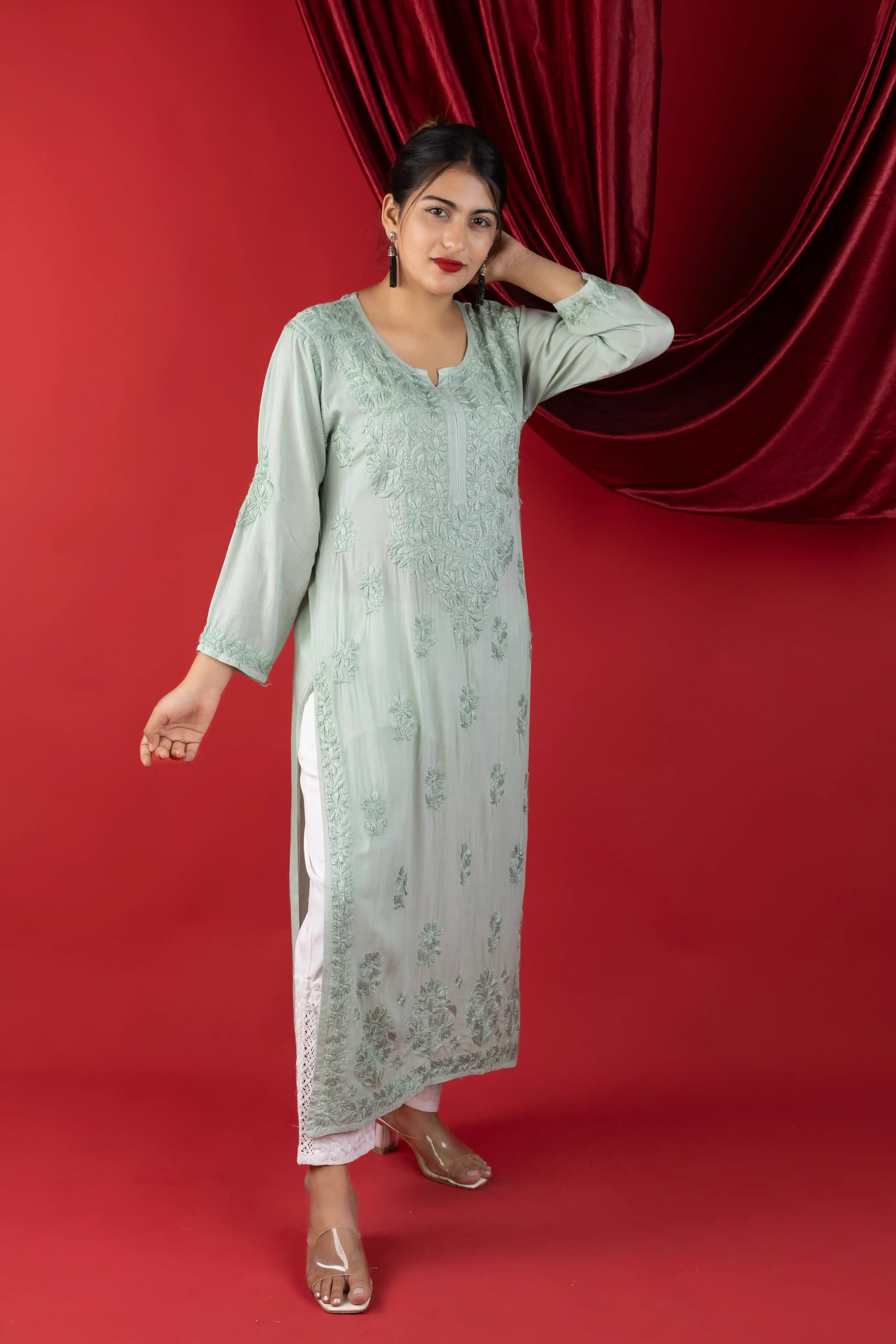 Mint Green Modal Kurta with Self Handwork Chikankari Embroidery