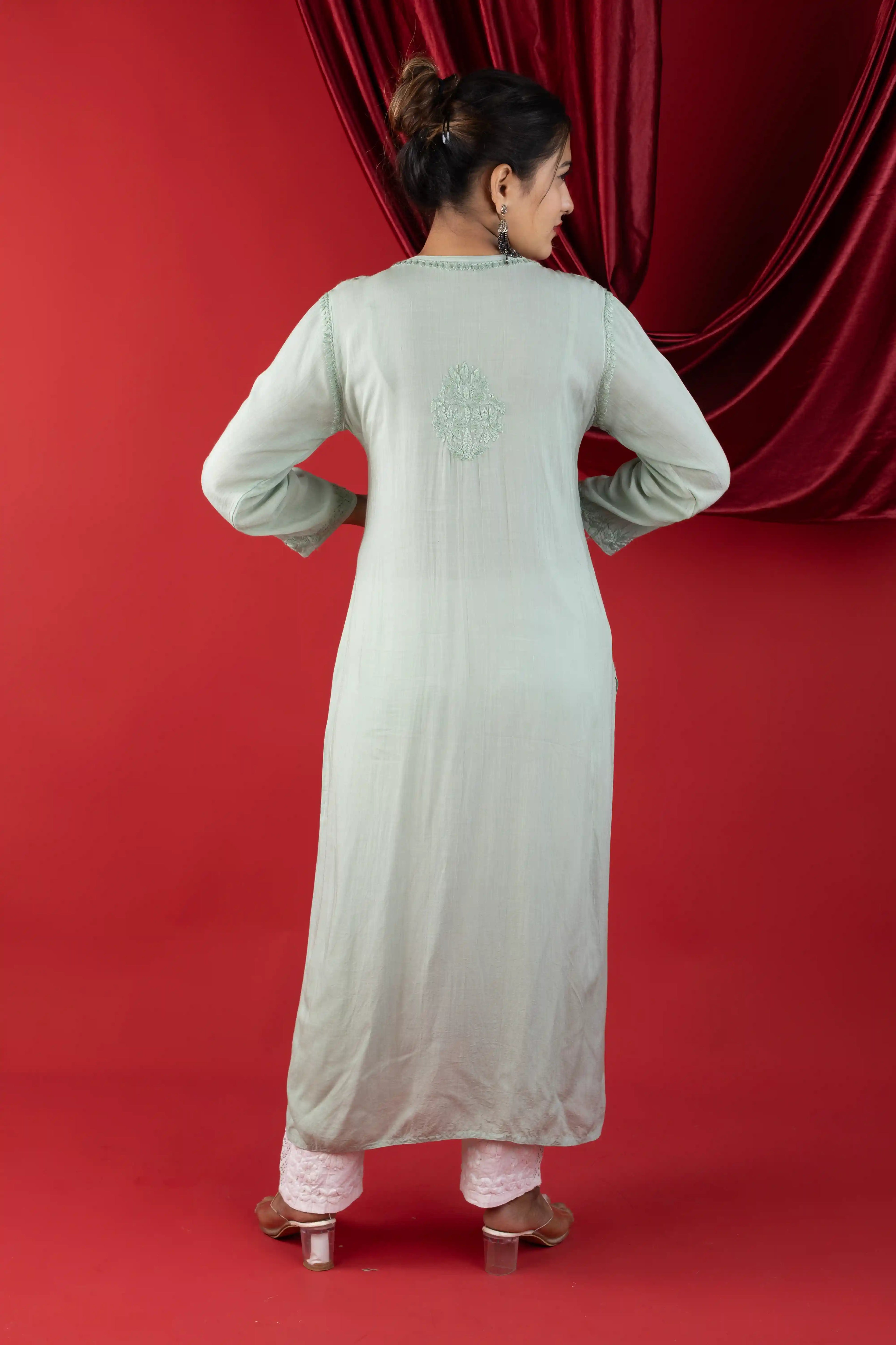 Mint Green Modal Kurta with Self Handwork Chikankari Embroidery