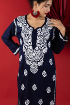 Navy Blue Handcrafted Chikankari Rayon Kurta