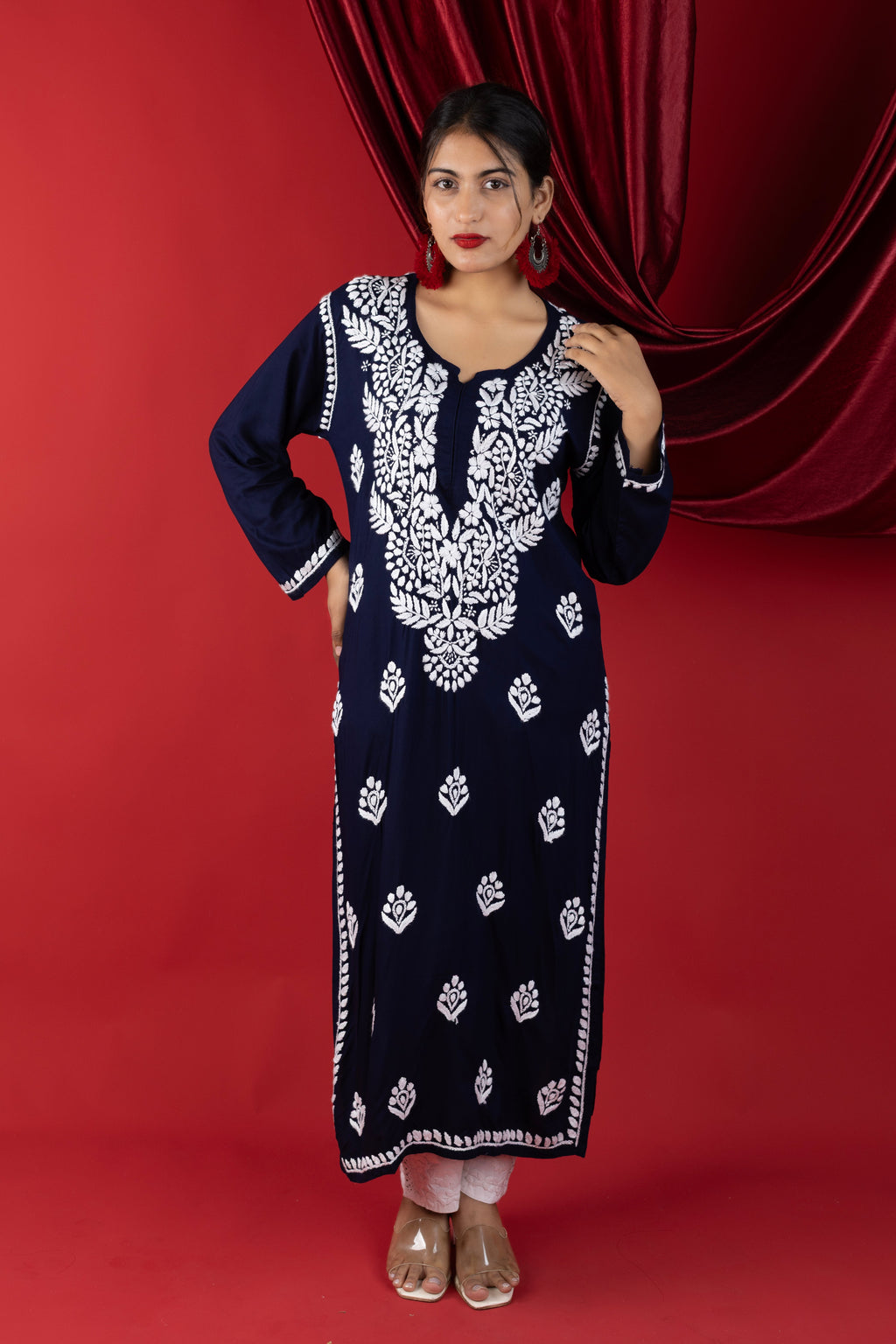 Navy Blue Handcrafted Chikankari Rayon Kurta