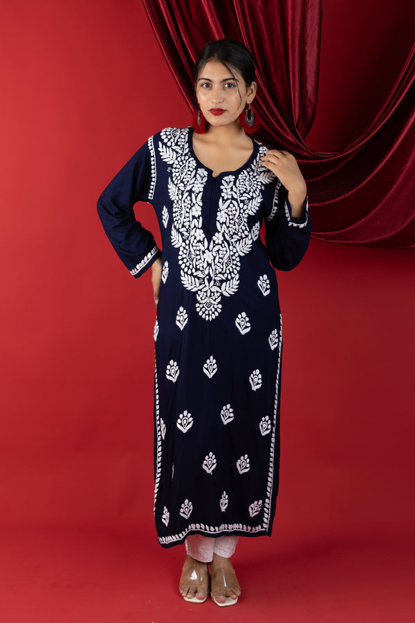Navy Blue Handcrafted Chikankari Rayon Kurta
