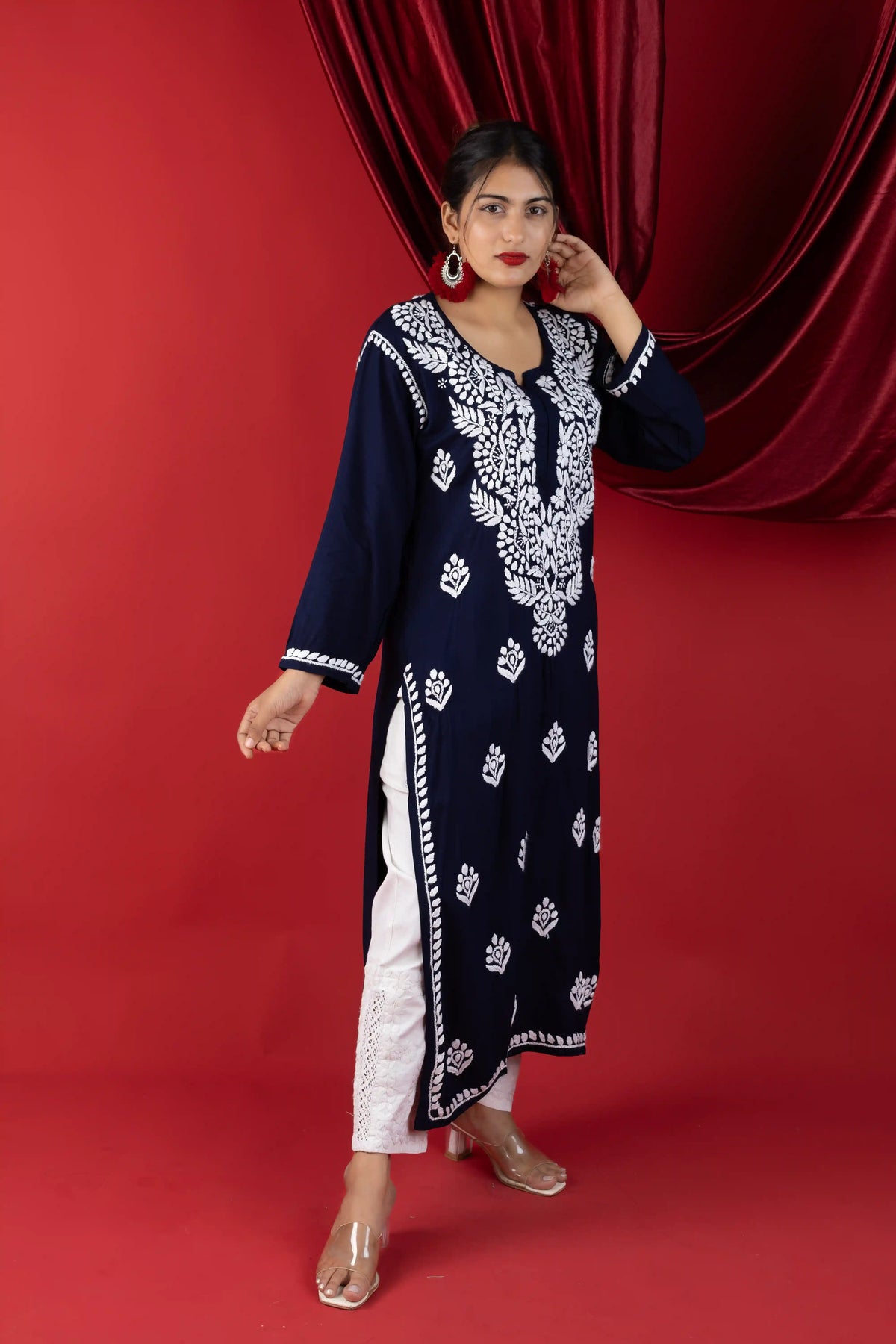 Navy Blue Handcrafted Chikankari Rayon Kurta