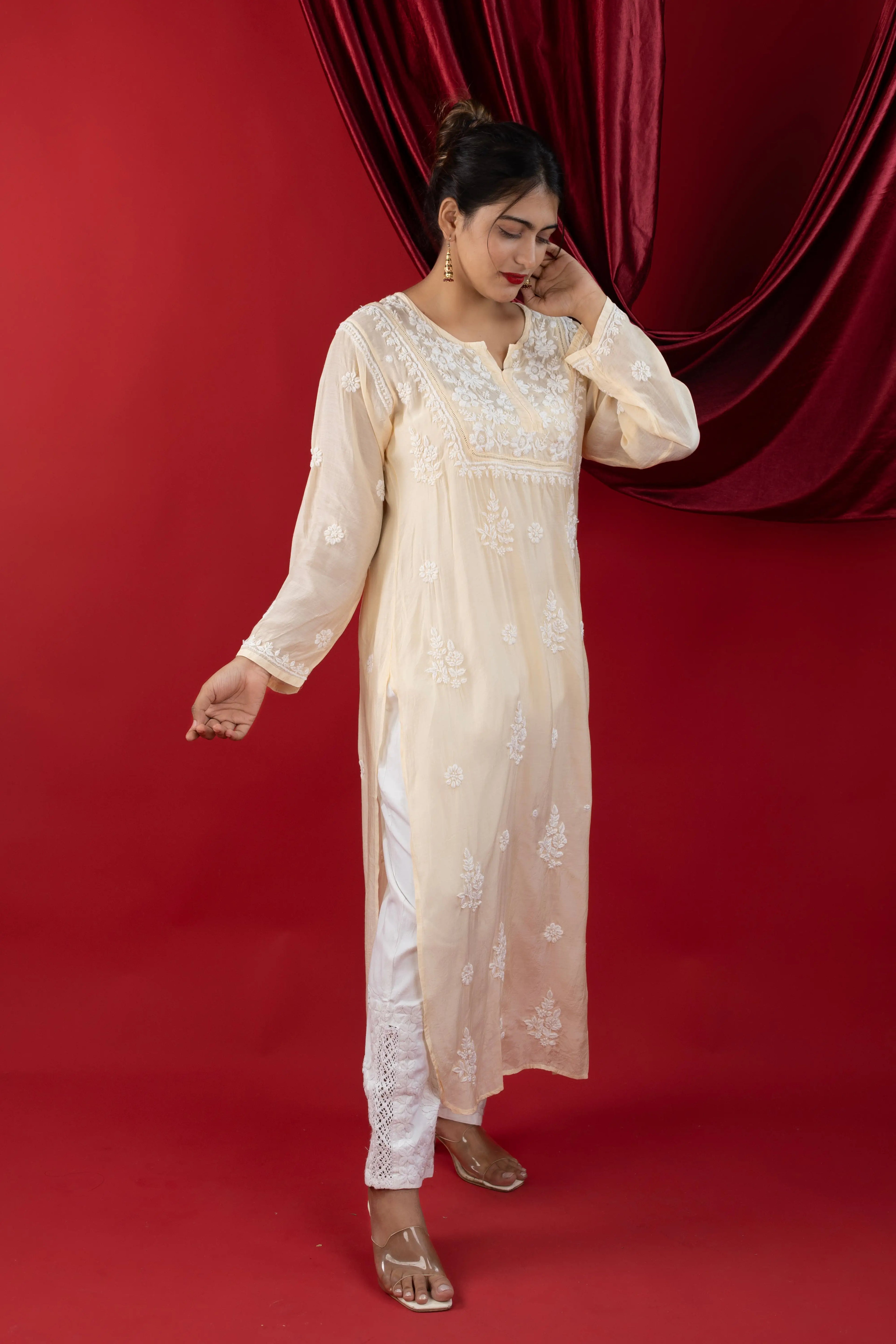 Pearl Beige Premium Muslin Kurti with Handwork Chikankari & Qureshia Detailing