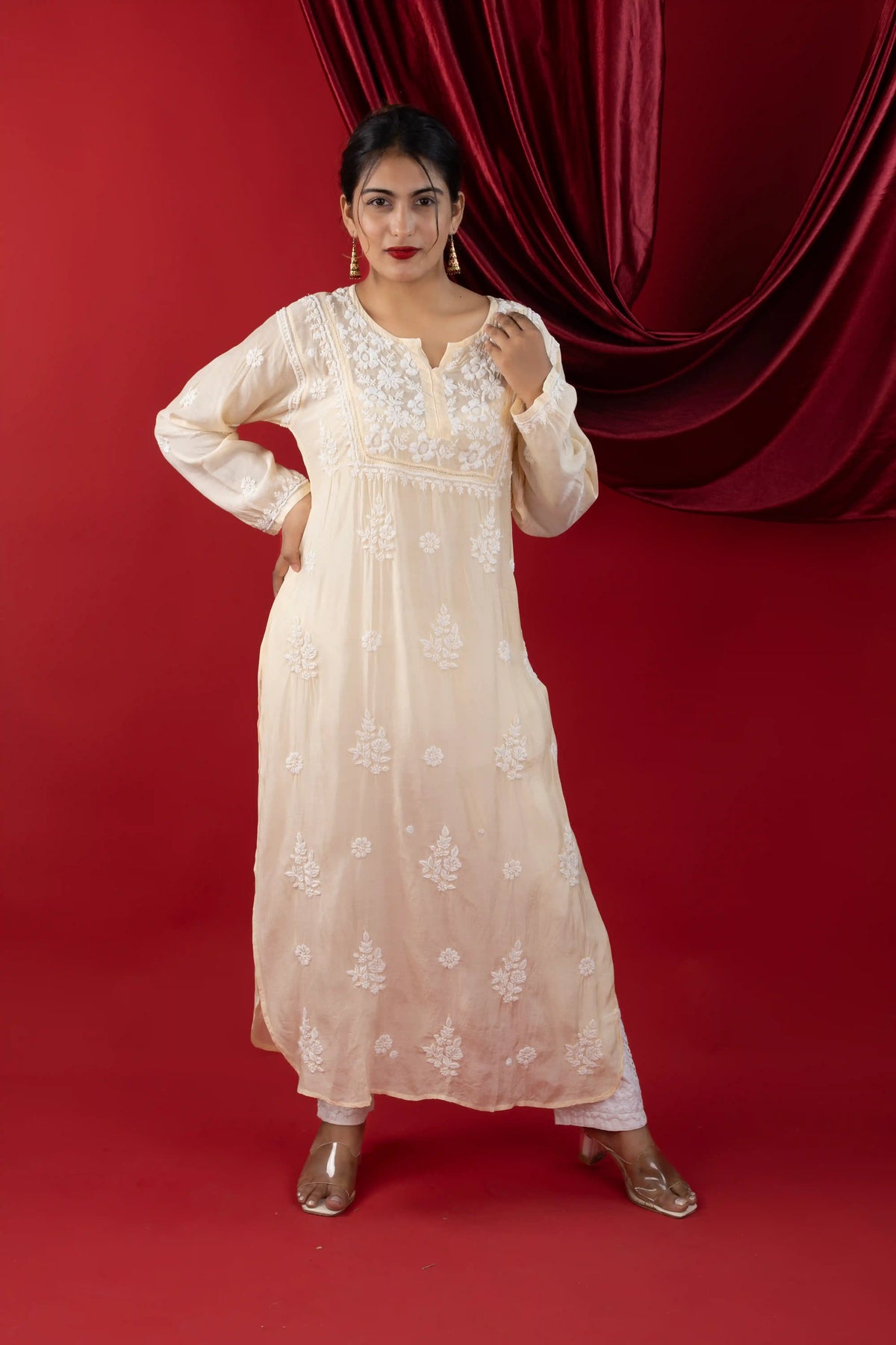 Pearl Beige Premium Muslin Kurti with Handwork Chikankari & Qureshia Detailing