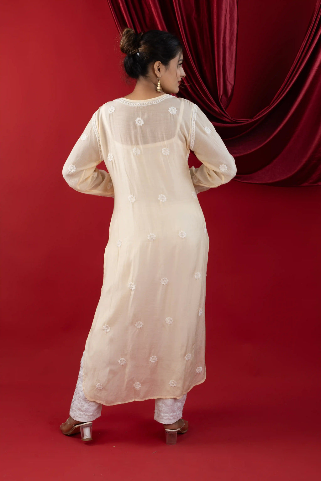 Pearl Beige Premium Muslin Kurti with Handwork Chikankari & Qureshia Detailing