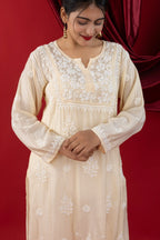 Pearl Beige Premium Muslin Kurti with Handwork Chikankari & Qureshia Detailing