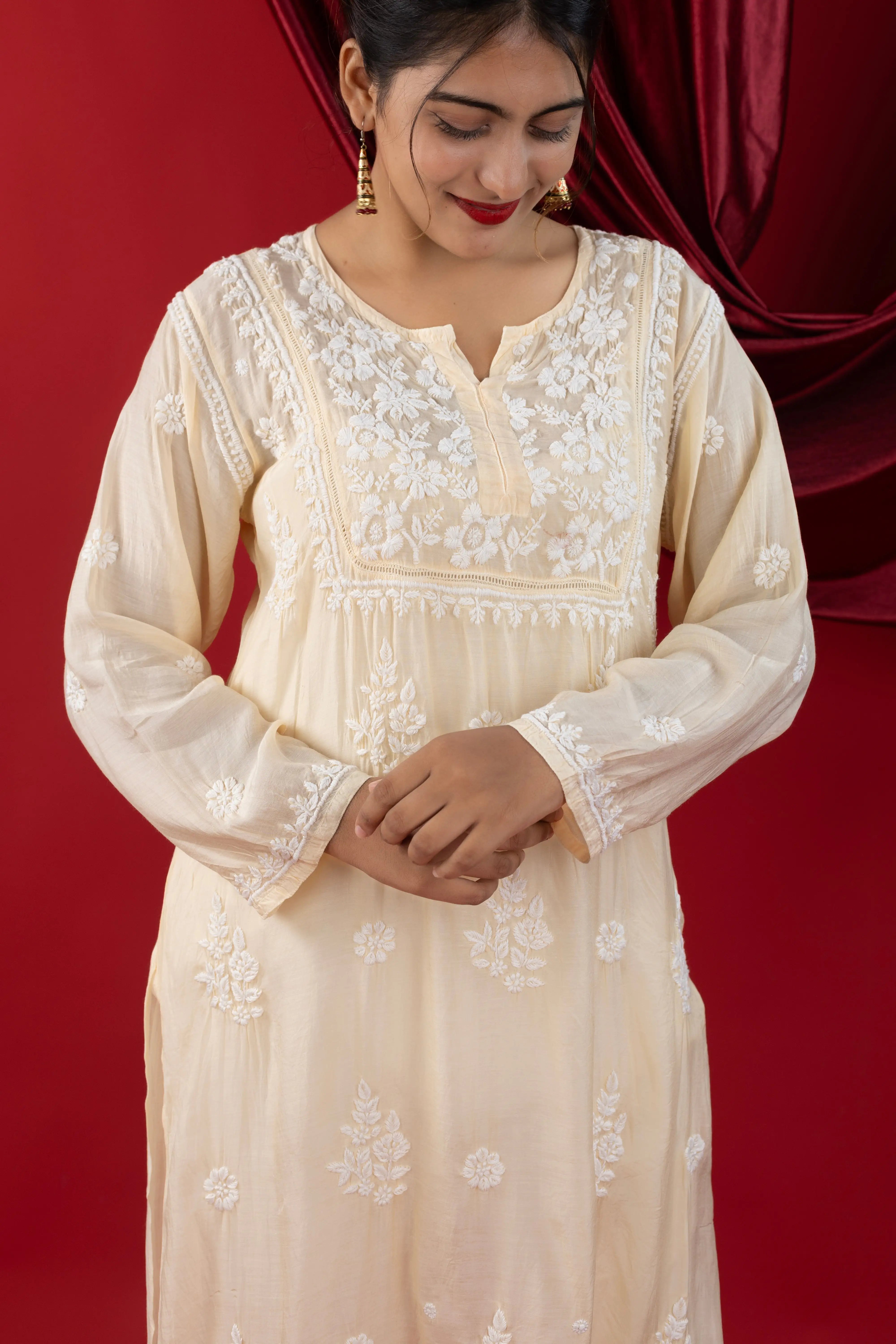 Pearl Beige Premium Muslin Kurti with Handwork Chikankari & Qureshia Detailing