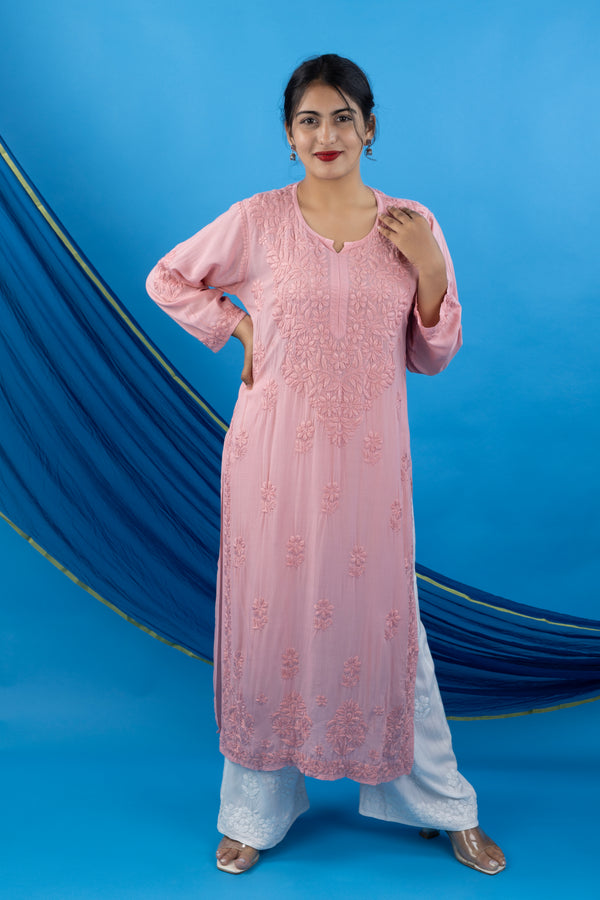 Pink Modal Kurta with Self-Tone Hand Chikankari Work