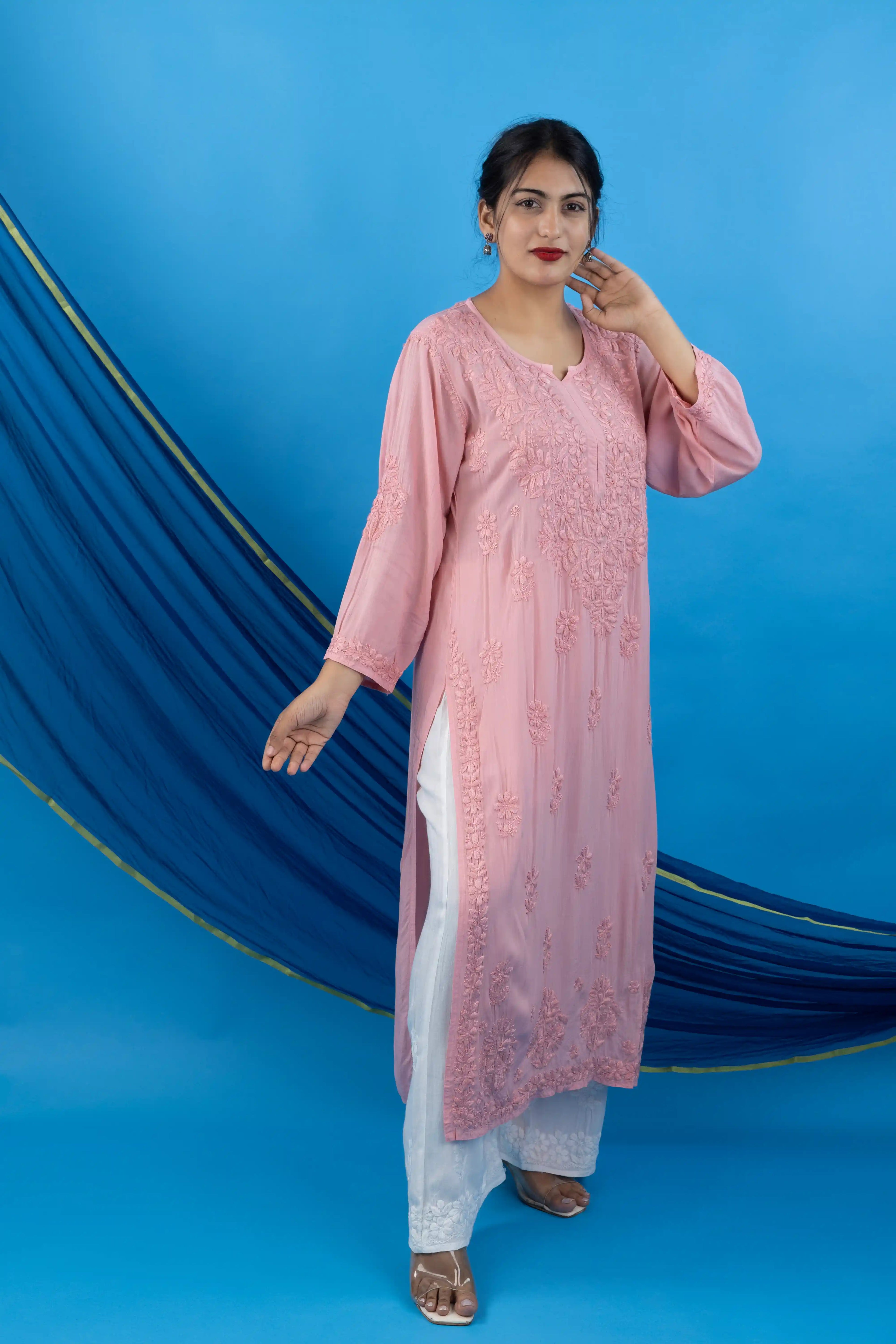 Pink Modal Kurta with Self-Tone Hand Chikankari Work