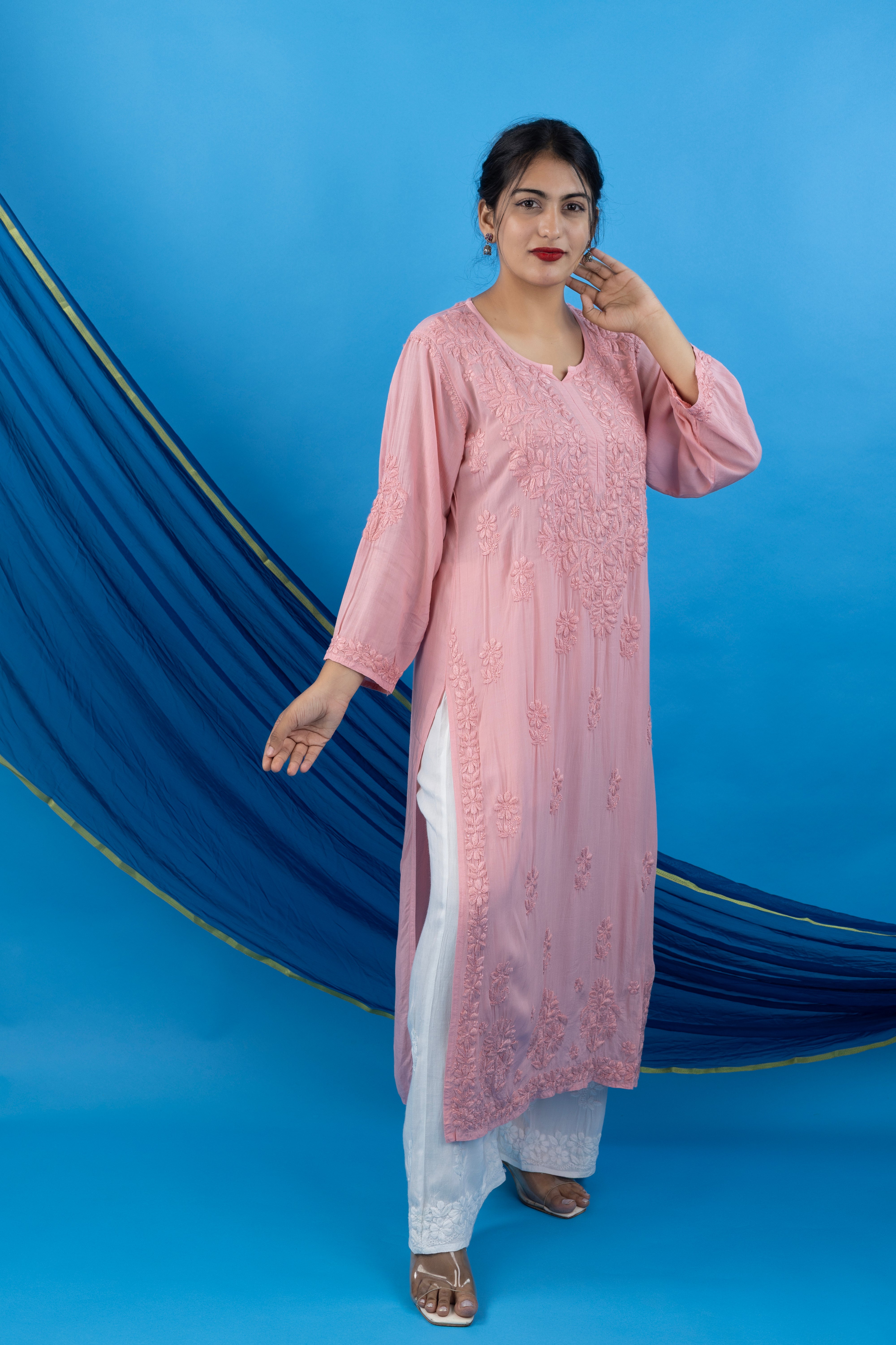 Pink Modal Kurta with Self-Tone Hand Chikankari Work