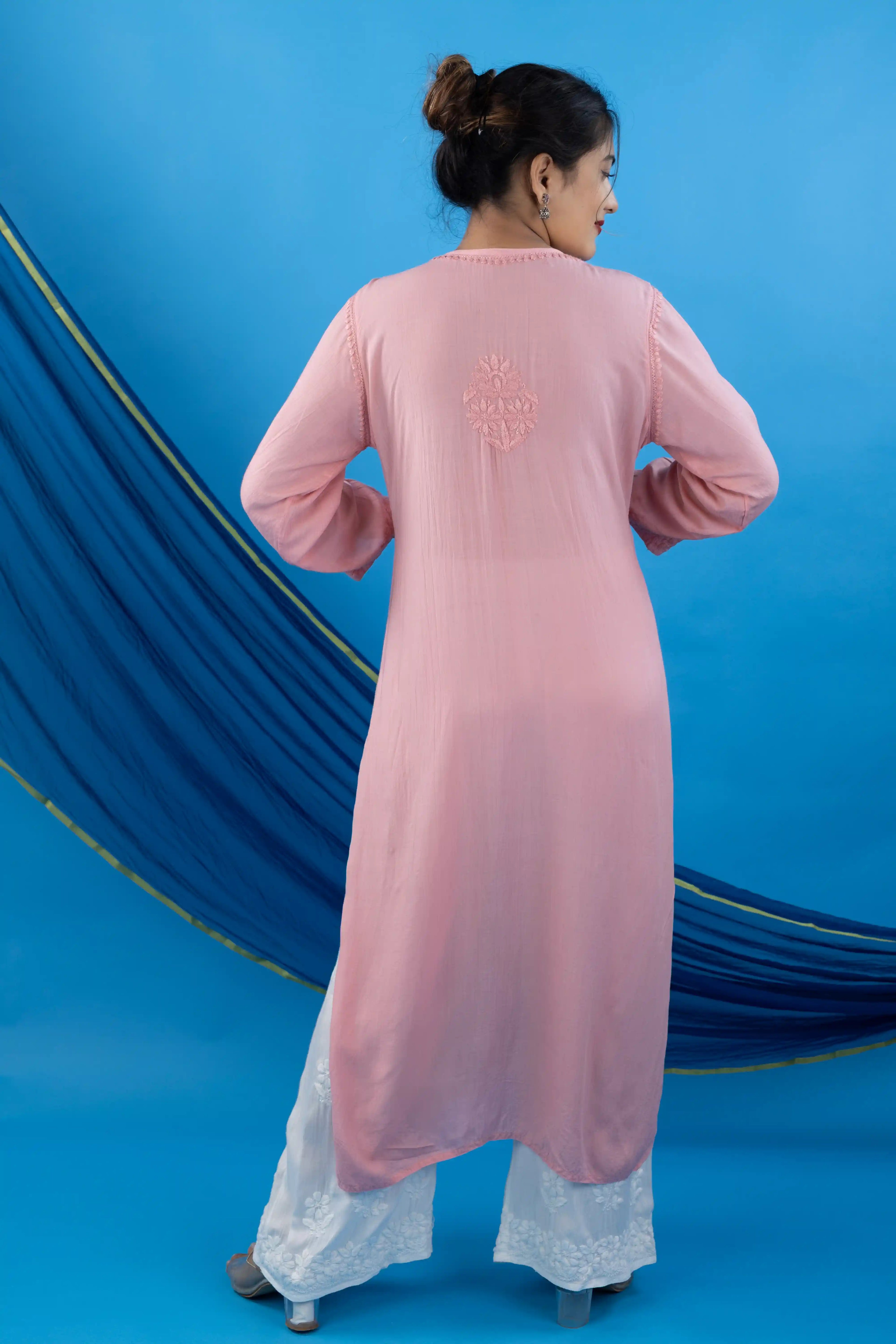 Pink Modal Kurta with Self-Tone Hand Chikankari Work