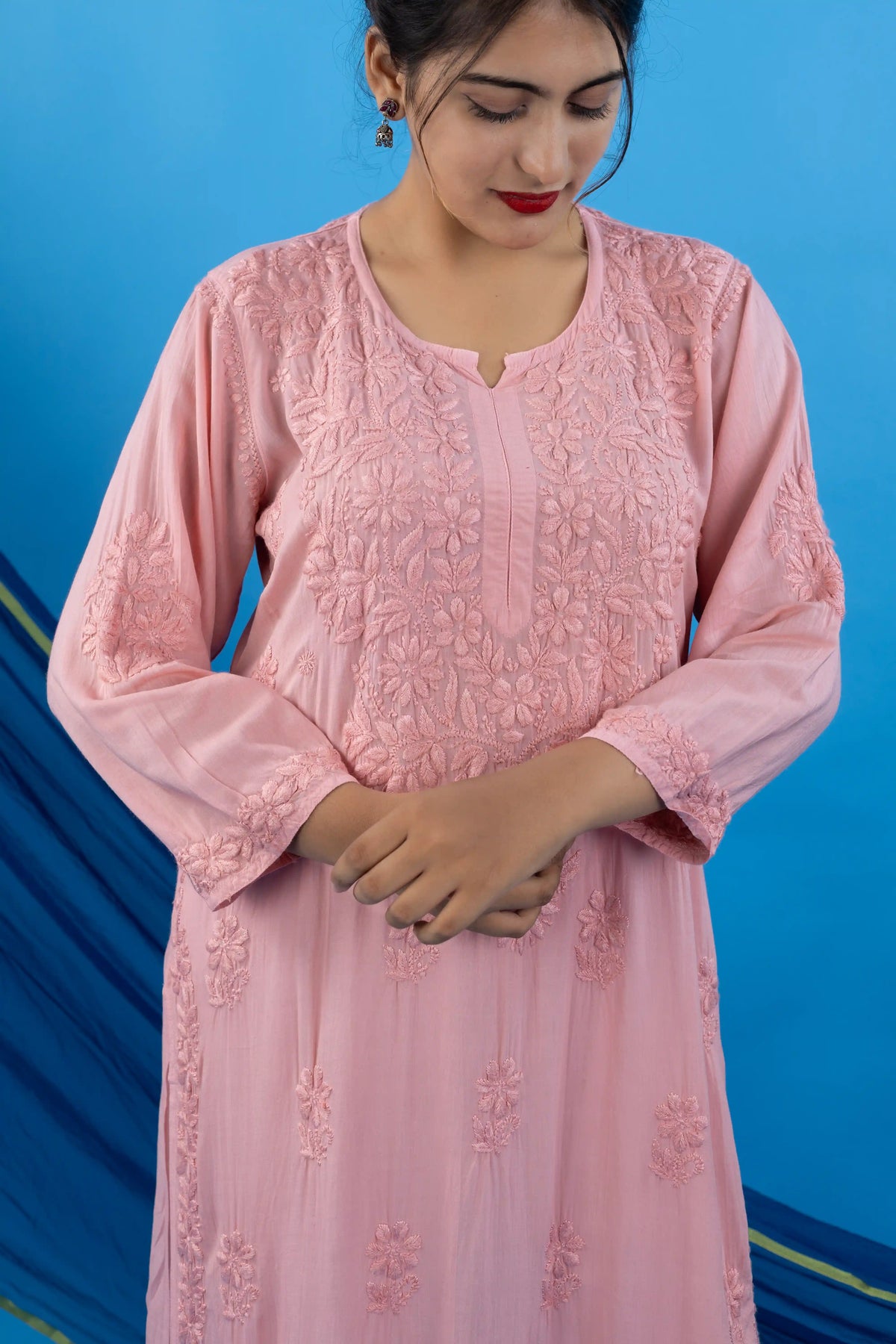 Pink Modal Kurta with Self-Tone Hand Chikankari Work