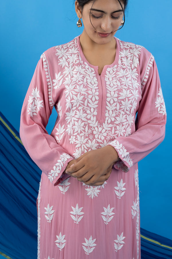 Blush Pink Modal Kurta with Delicate Handwork Chikankari
