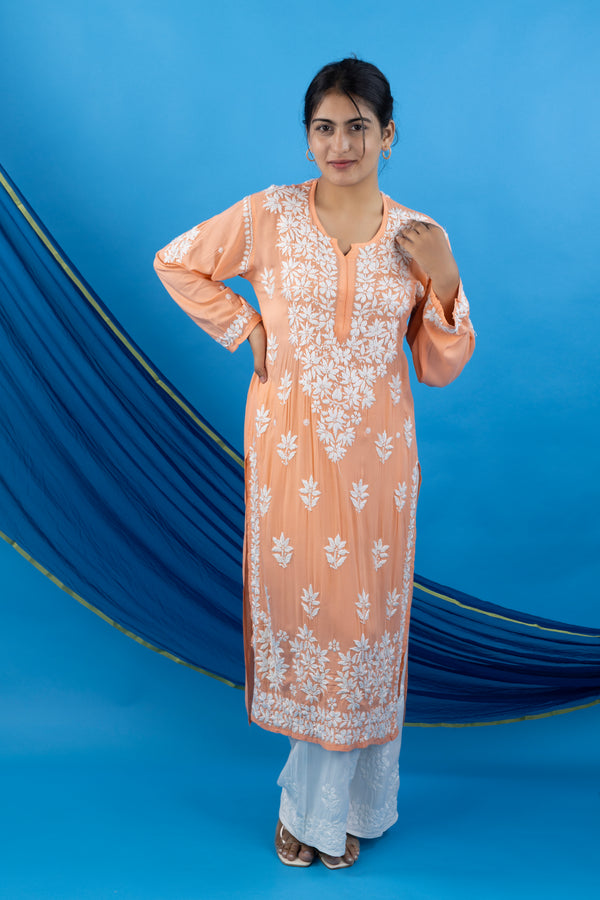 Peach Modal Kurta with White Handwork Chikankari