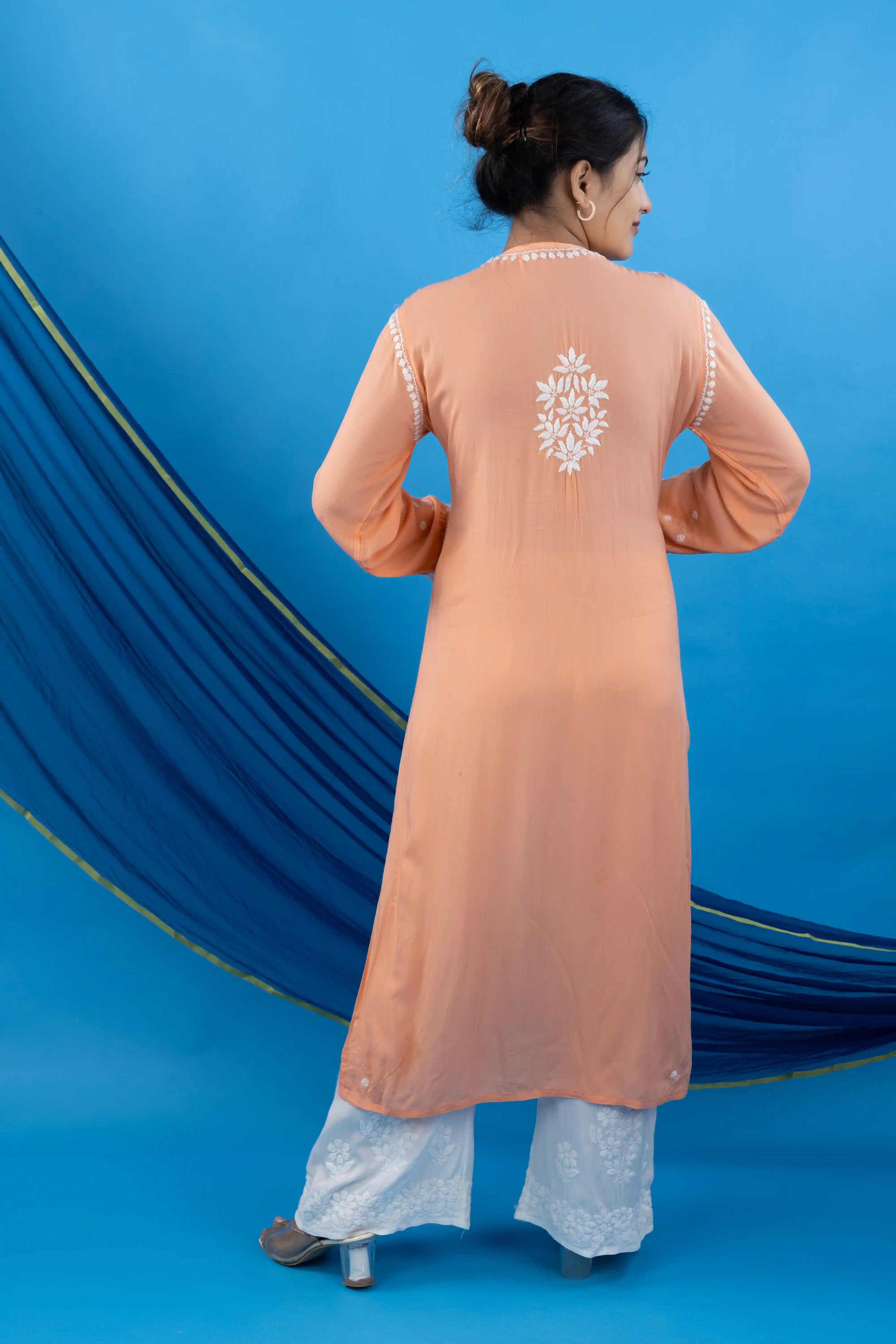 Peach Modal Kurta with White Handwork Chikankari