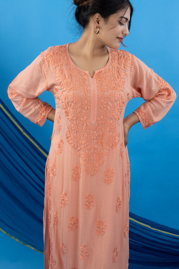 Orange Modal Kurta with Self-Tone Hand Chikankari Embroidery