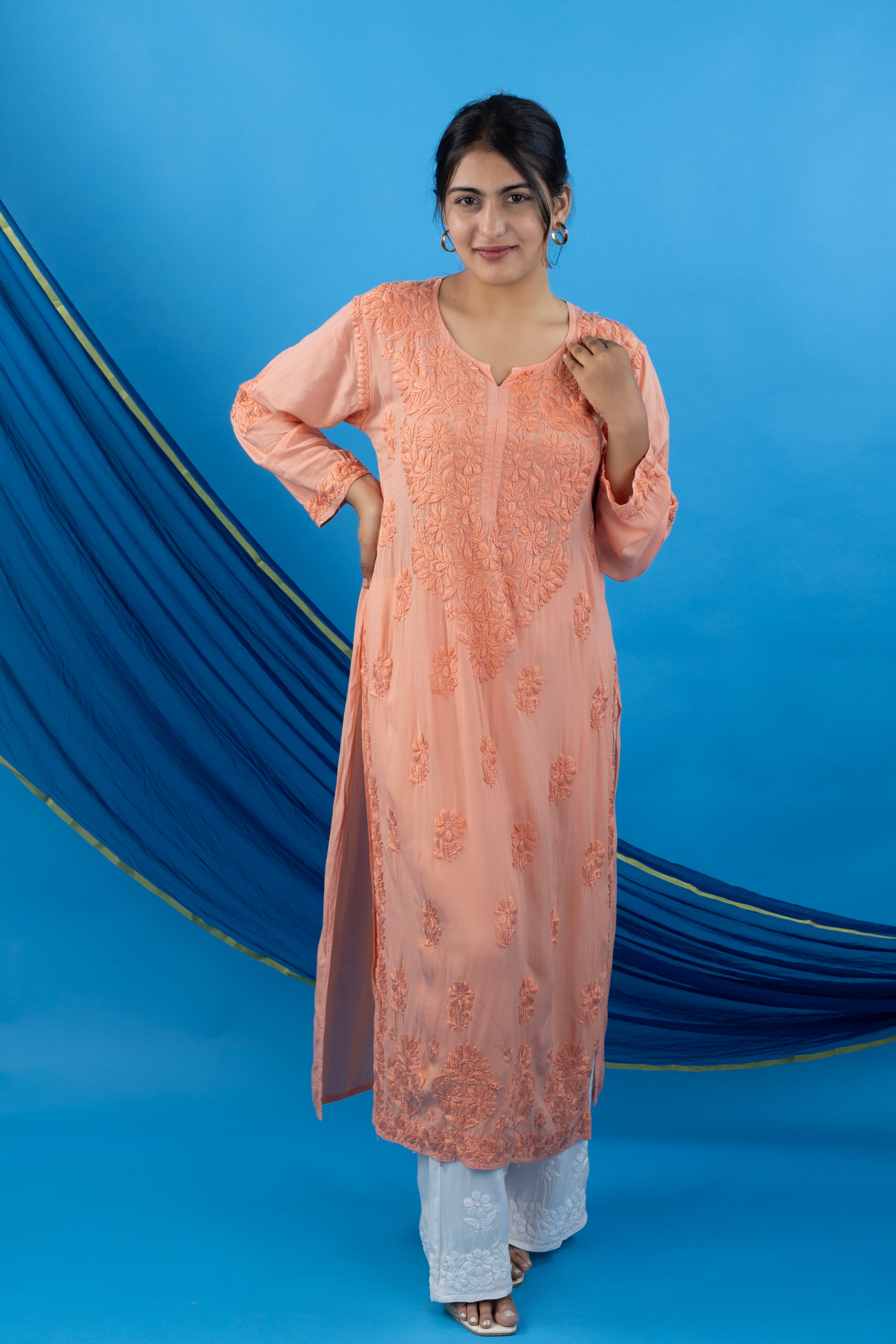 Orange Modal Kurta with Self-Tone Hand Chikankari Embroidery