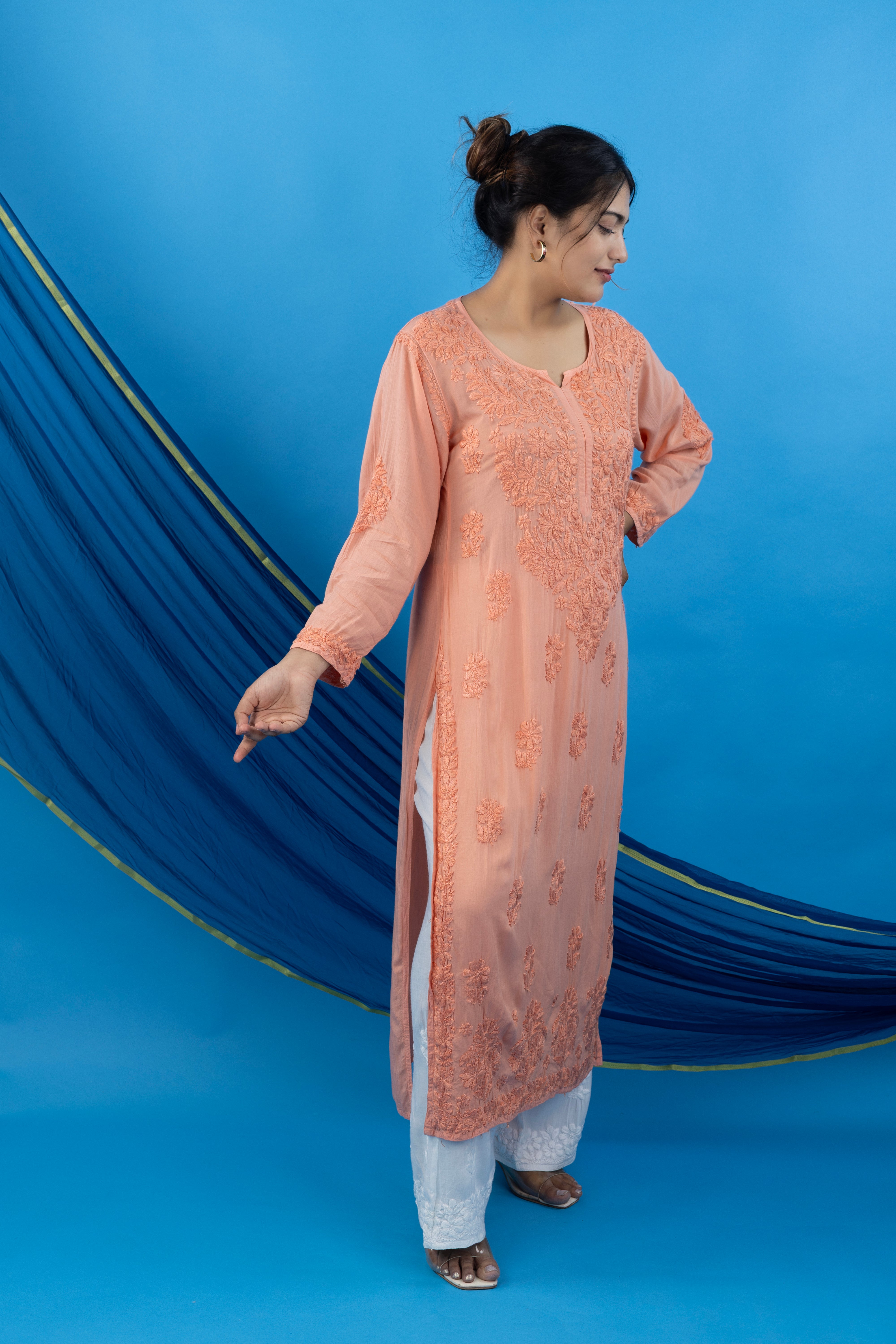 Orange Modal Kurta with Self-Tone Hand Chikankari Embroidery