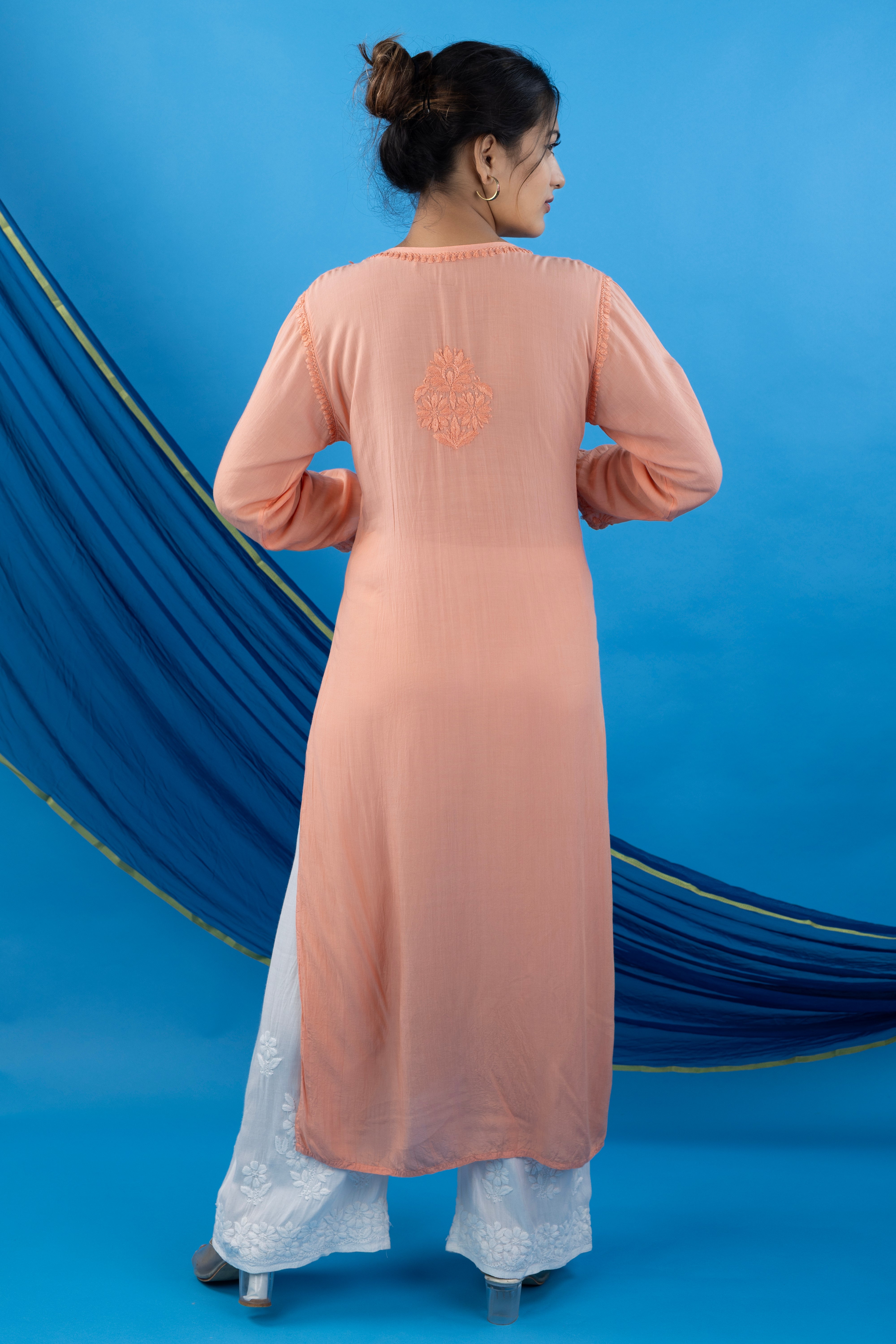Orange Modal Kurta with Self-Tone Hand Chikankari Embroidery
