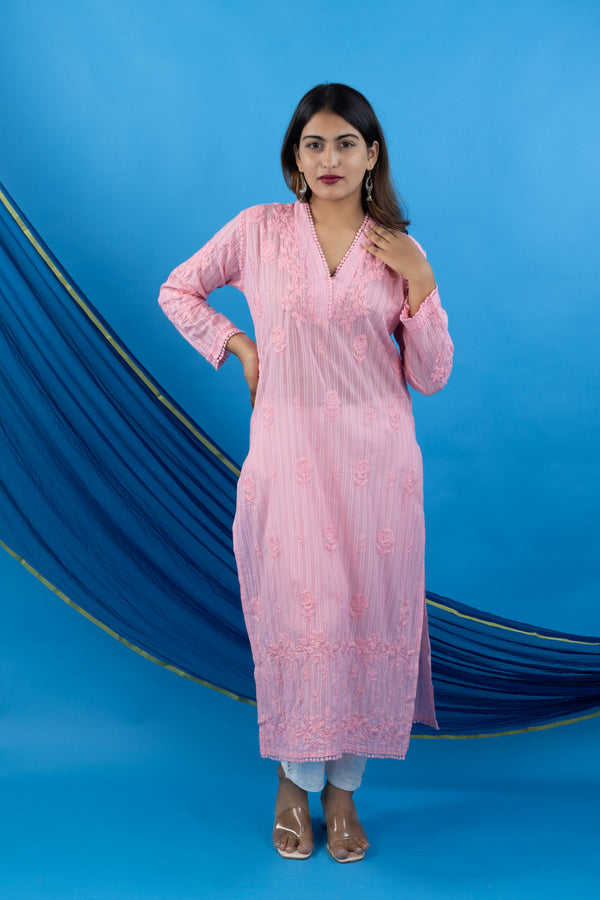 Blush Peach Pure Mulmul Chikankari