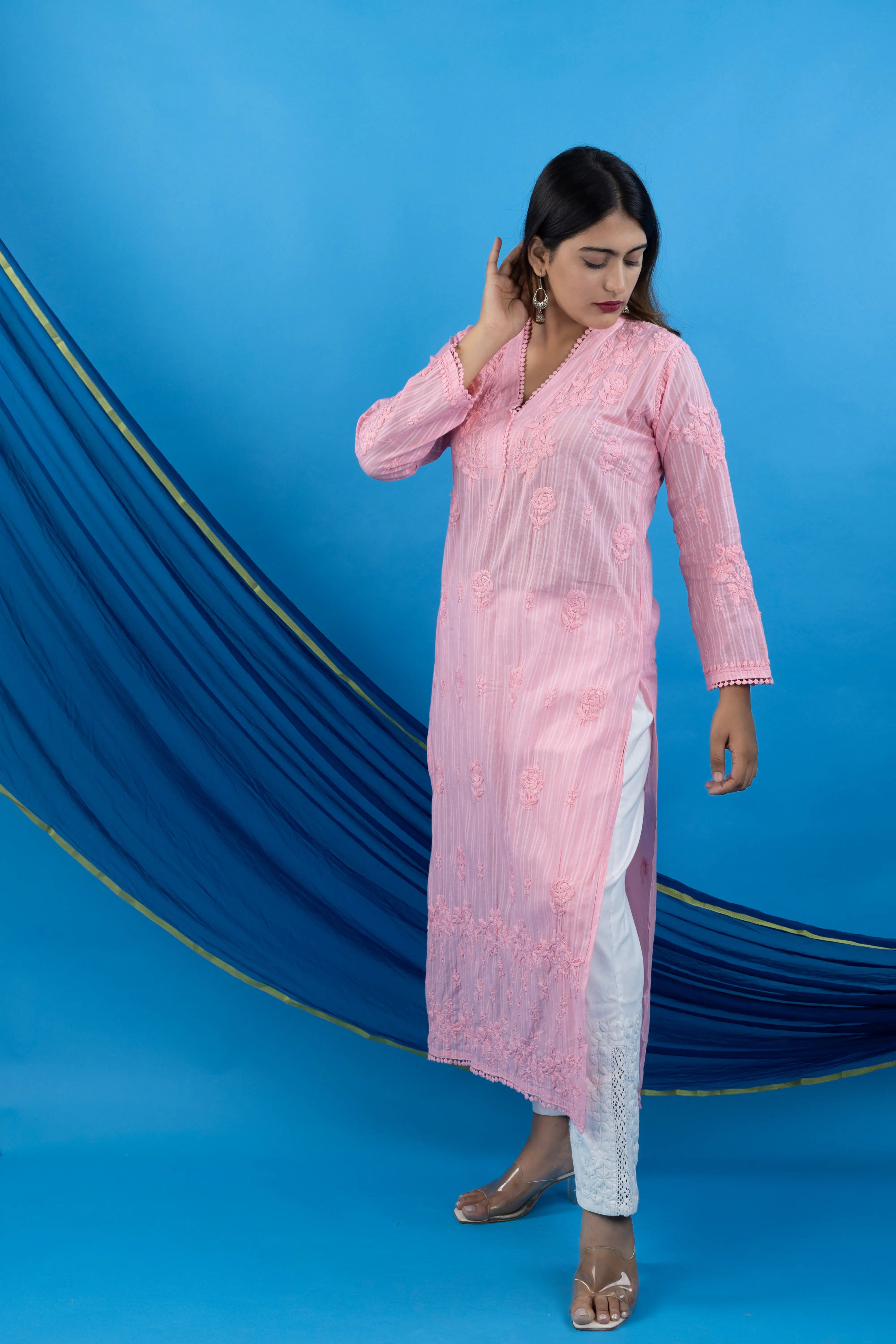 Blush Peach Pure Mulmul Chikankari