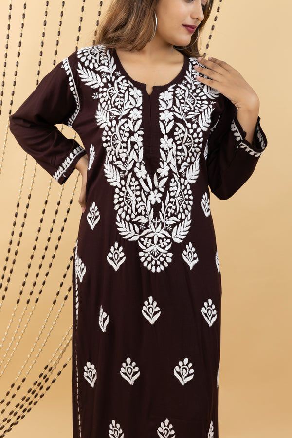 Cocoa Brown Heavy Rayon Kurta with Handwork Chikankari