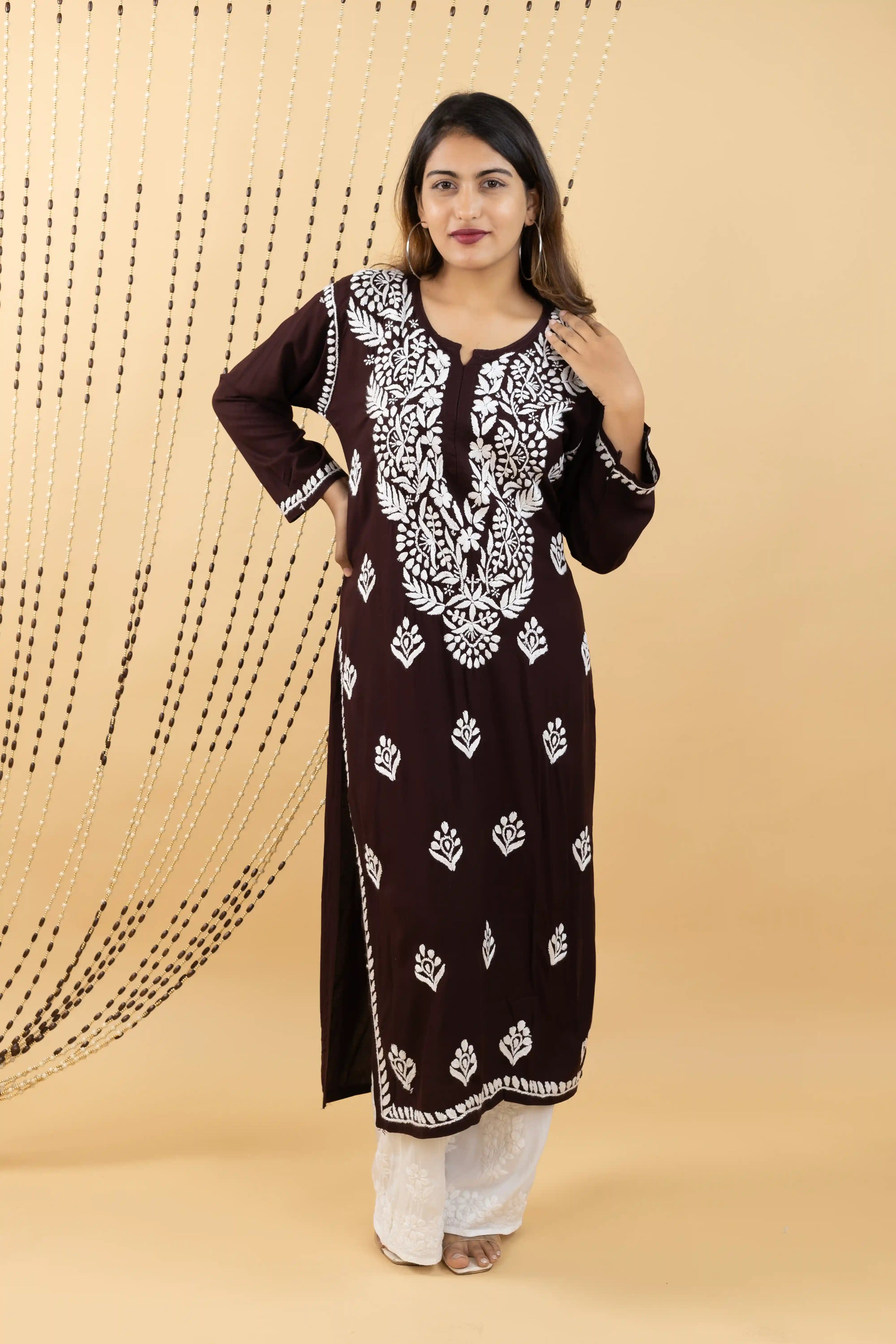 Cocoa Brown Heavy Rayon Kurta with Handwork Chikankari