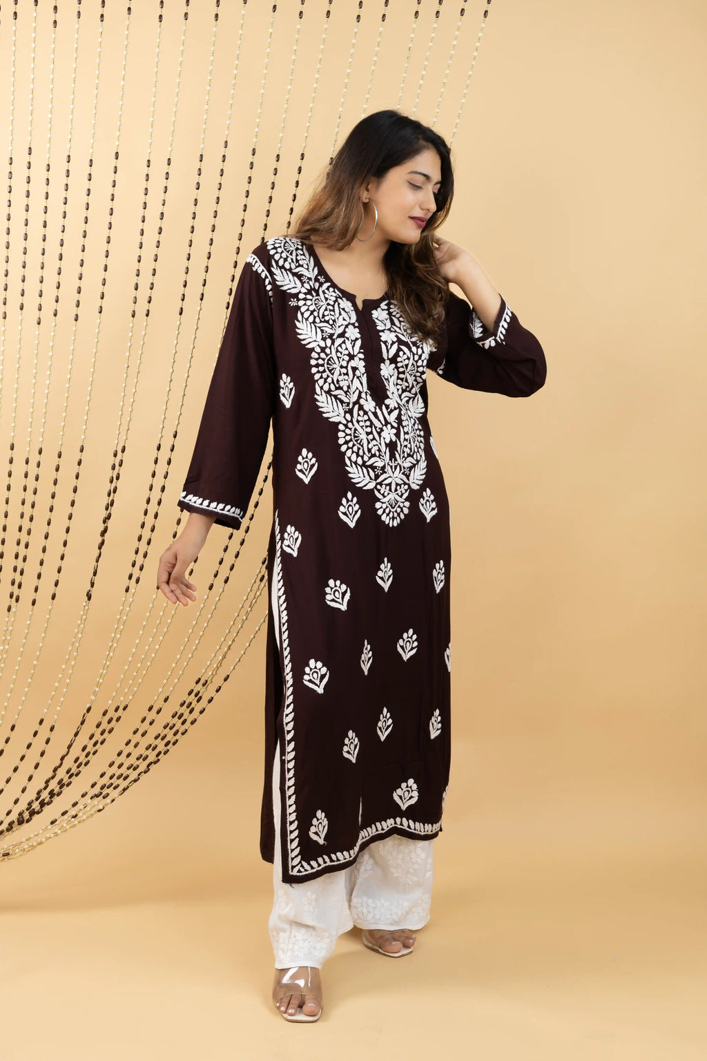 Cocoa Brown Heavy Rayon Kurta with Handwork Chikankari