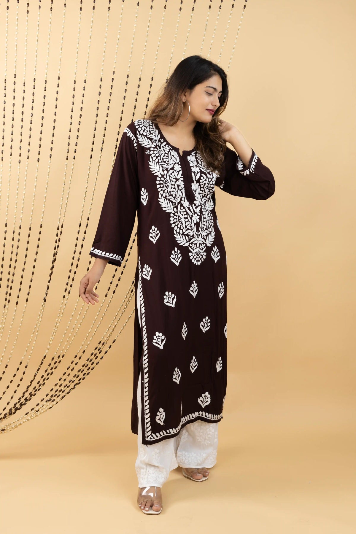 Cocoa Brown Heavy Rayon Kurta with Handwork Chikankari