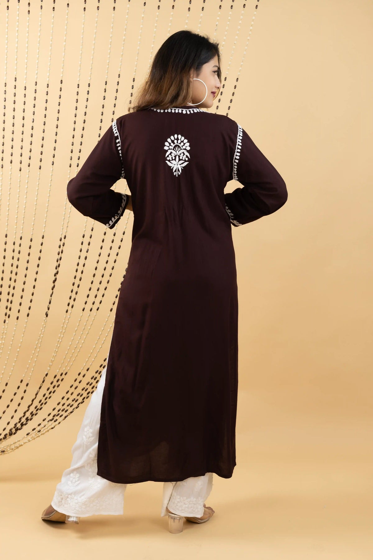 Cocoa Brown Heavy Rayon Kurta with Handwork Chikankari