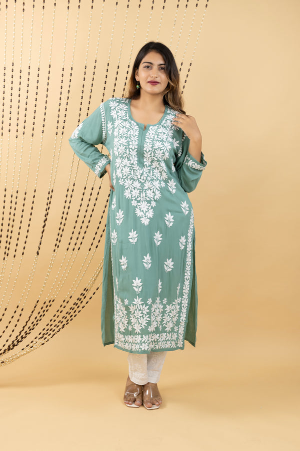 Graceful Green Modal Kurta with Intricate Handwork Chikankari