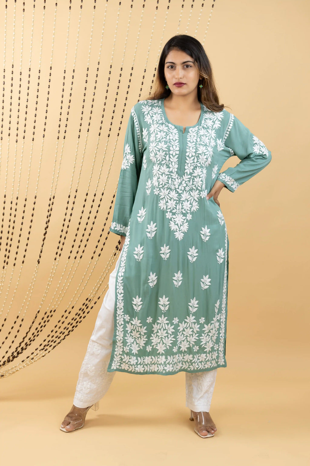 Graceful Green Modal Kurta with Intricate Handwork Chikankari
