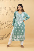 Graceful Green Modal Kurta with Intricate Handwork Chikankari