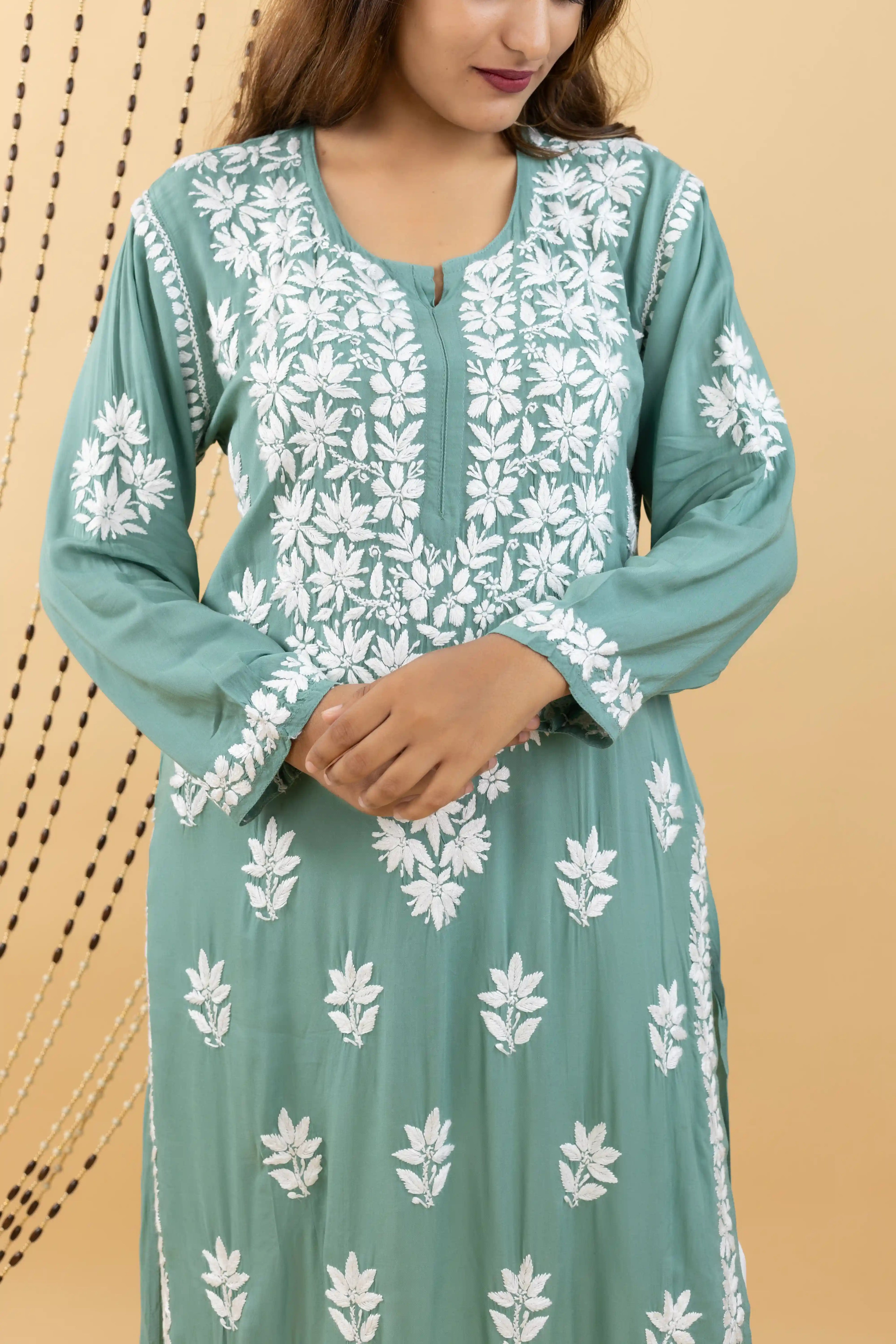 Graceful Green Modal Kurta with Intricate Handwork Chikankari