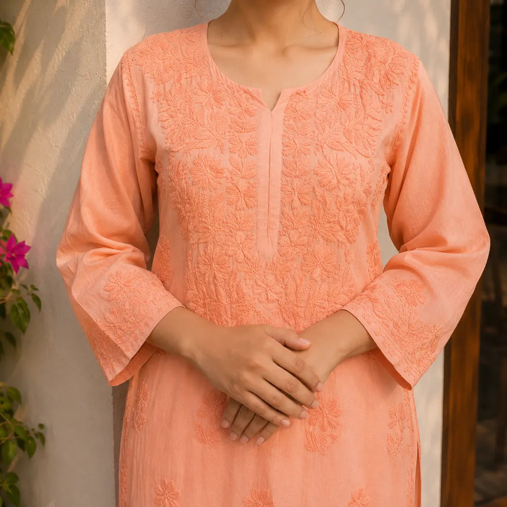 Modal Self Chikankari Solid Women's Long Kurta - Orange