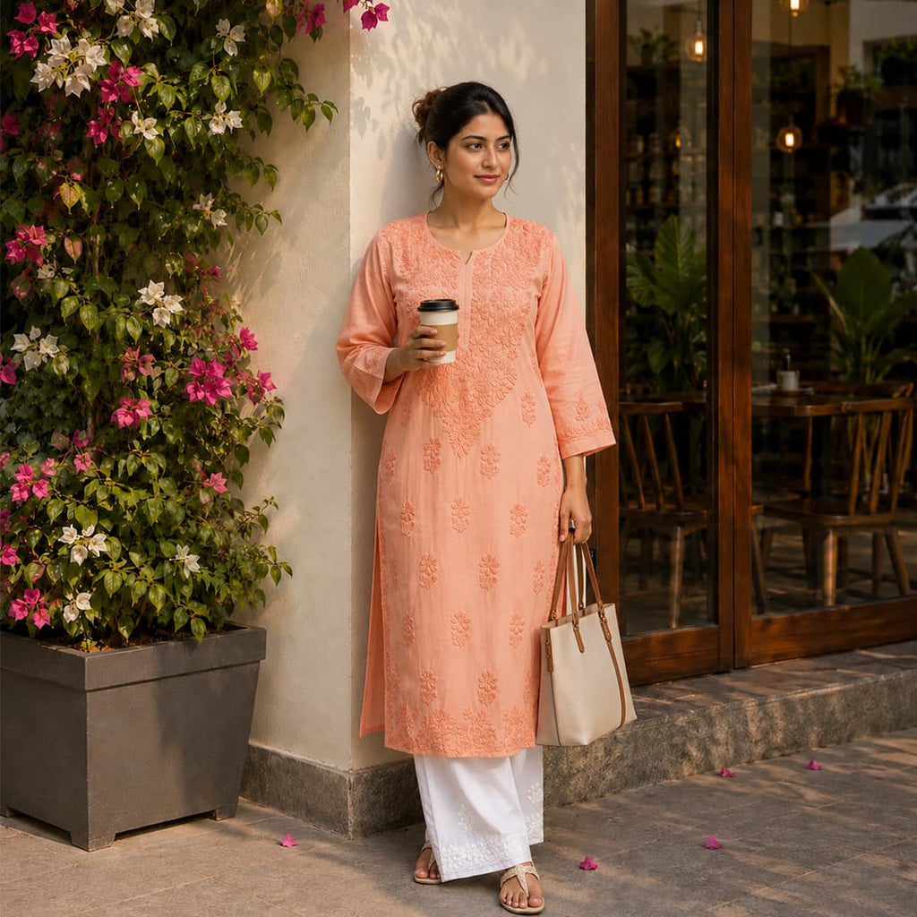 Orange Modal Kurta with Self-Tone Hand Chikankari Embroidery