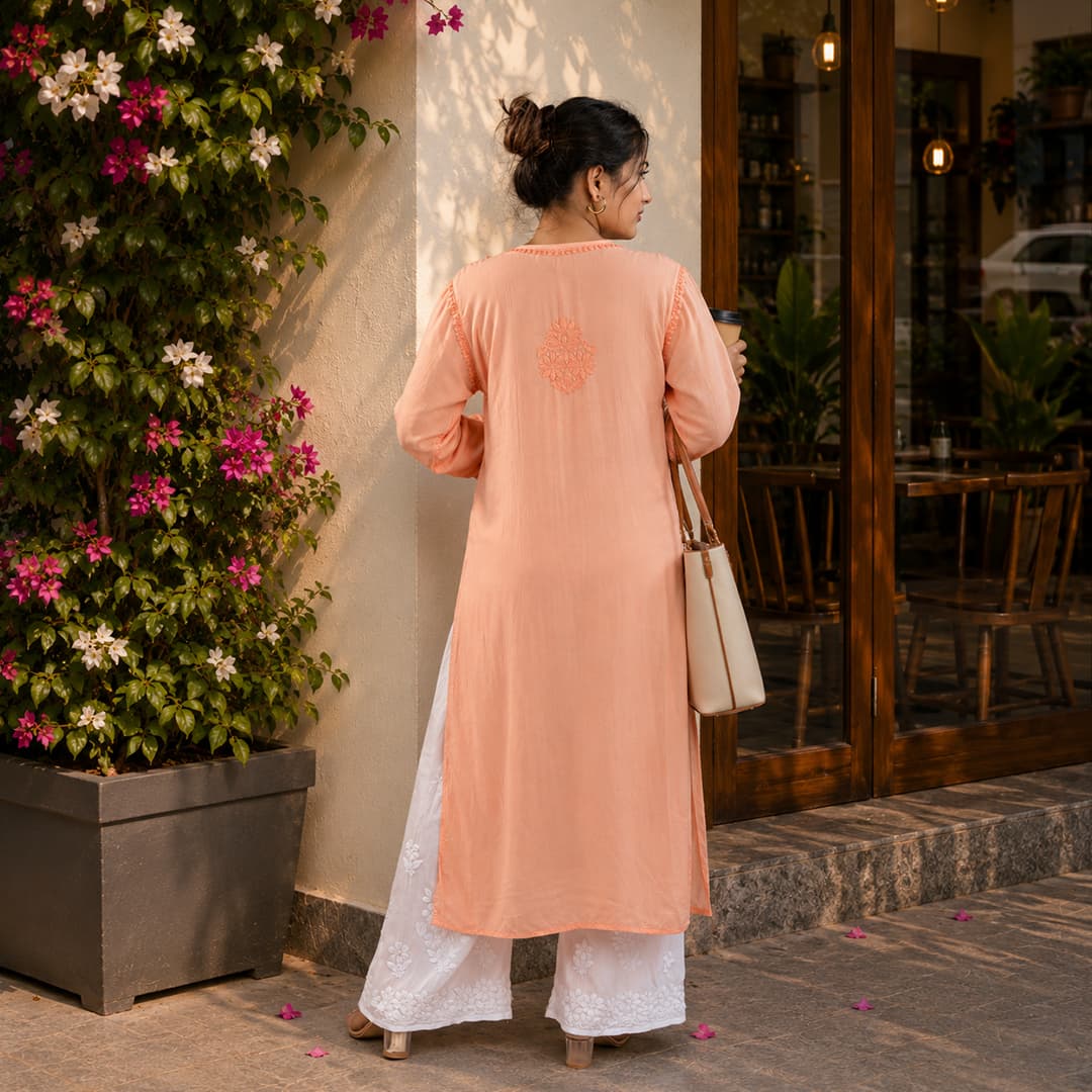Orange Modal Kurta with Self-Tone Hand Chikankari Embroidery