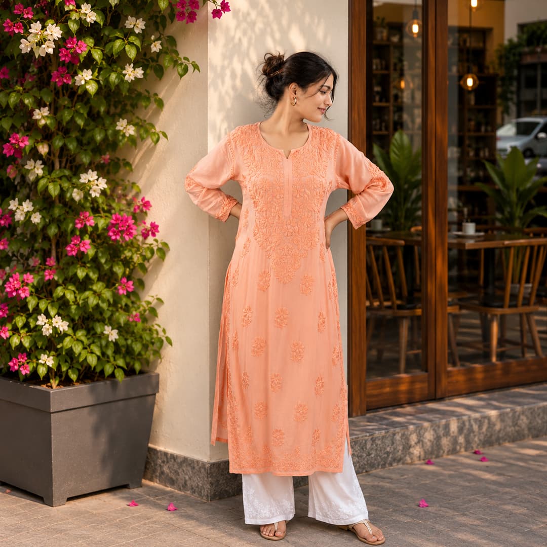 Orange Modal Kurta with Self-Tone Hand Chikankari Embroidery