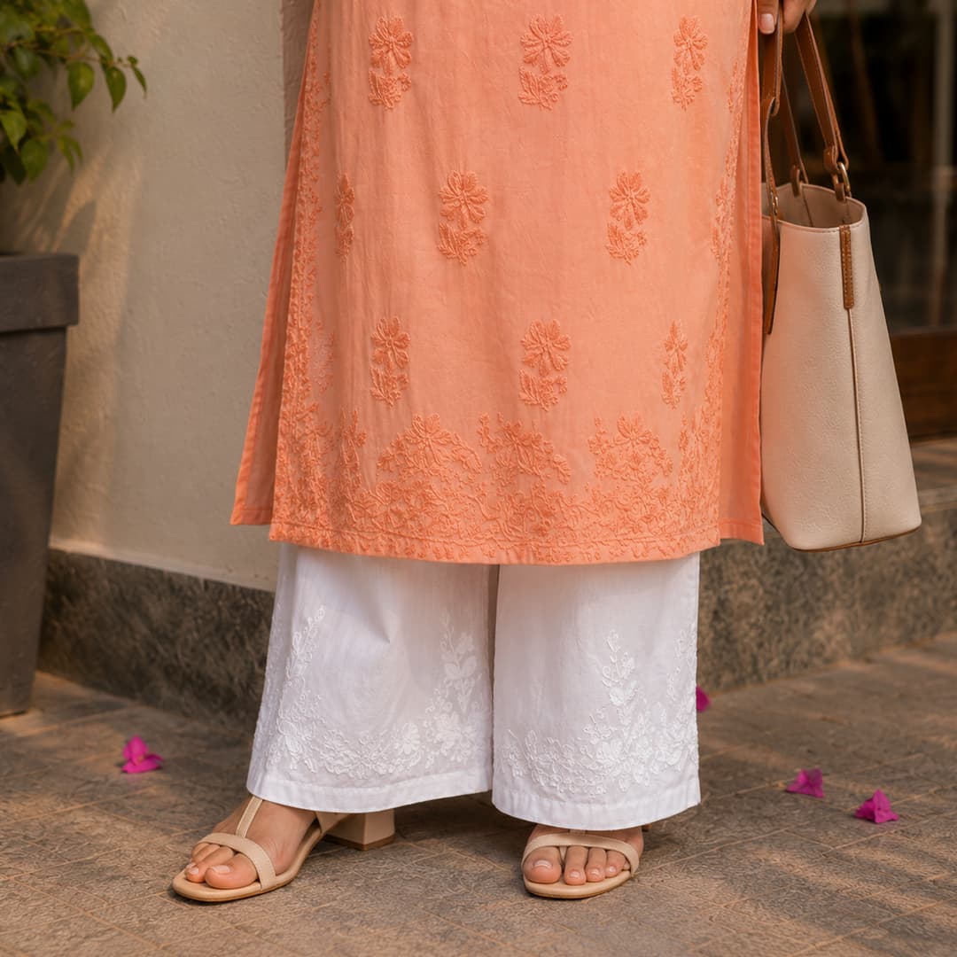 Orange Modal Kurta with Self-Tone Hand Chikankari Embroidery