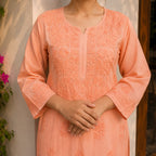 Orange Modal Kurta with Self-Tone Hand Chikankari Embroidery
