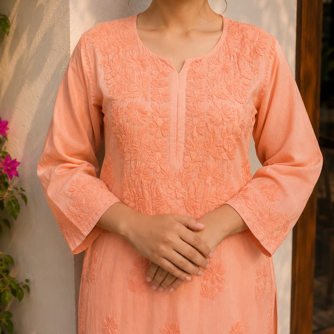 Orange Modal Kurta with Self-Tone Hand Chikankari Embroidery