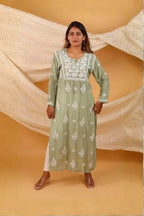 Olive Green Premium Muslin Kurti with Handwork Chikankari & Qureshia Detailing